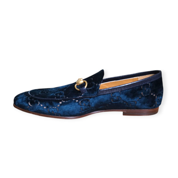 Gucci Jordaan Gg Loafer Blue Velvet Horsebit Loafers - Picture 1 of 12